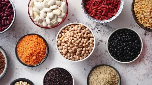 Overhead View of Bowls with Grains and Beans