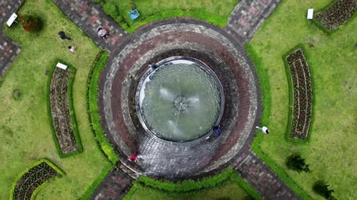 Water fountain from above. Aerial shot from bottom to top