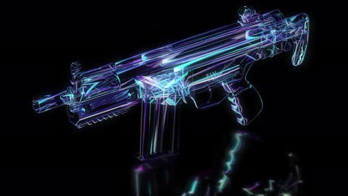 Futuristic Holographic Weapon Rotating with Glowing Neon Wireframe Effects