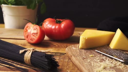 Shredded Cheese with Fresh Basil and Italian Spaghetti on Wooden Kitchen Table