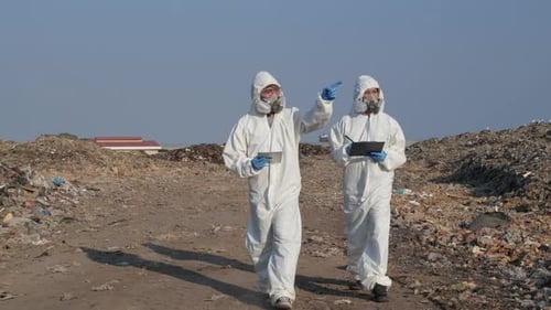 People in Suits Walking Through Landfill