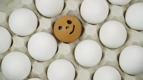 Many White Chicken Eggs and Brown Egg with Smile in Turn Top View