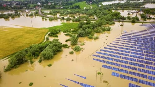 Aerial view of flooded solar power station