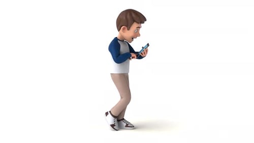 Fun kid walking with a mobile phone