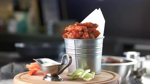 Chicken Wings in a Metal Bucket on Platter