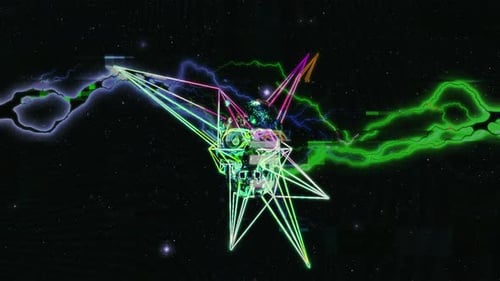 Glitchy Skull in Neon Geometric Cage with Electric Lightning