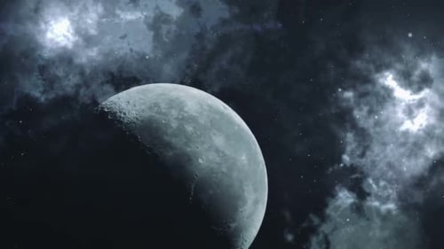 Moon and Drifting Clouds in Starry Cosmic Night Sky Background