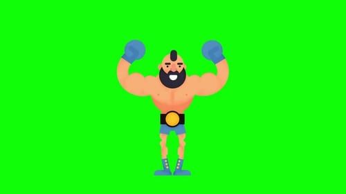 Animated Flat Design Boxer Flexing with Championship Belt
