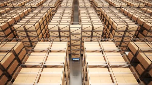 Warehouse industry autonomic robot carrying metal shelf with cardboard boxes.