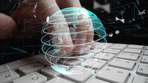 Mann arbeitet am Computer mit Grafik zur Modernisierung der Geschäftsdatenanalyse