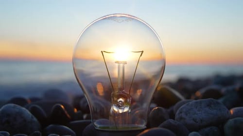 Lightbulb on Rocky Beach at Sunset
