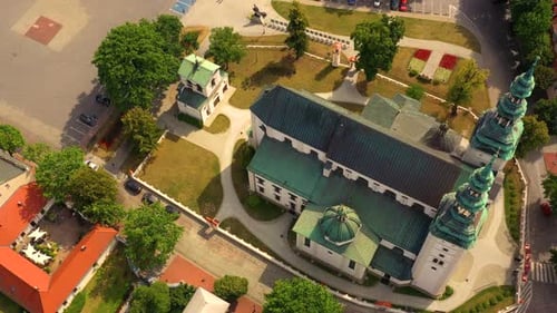 Top aerial panoramic view of Lowicz old town historical city centre with Rynek Market Square, Old To