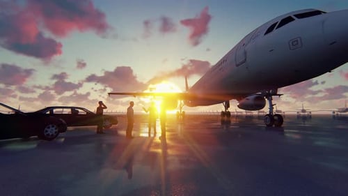 Geschäftsleute sprechen vor seinem Flugzeug
