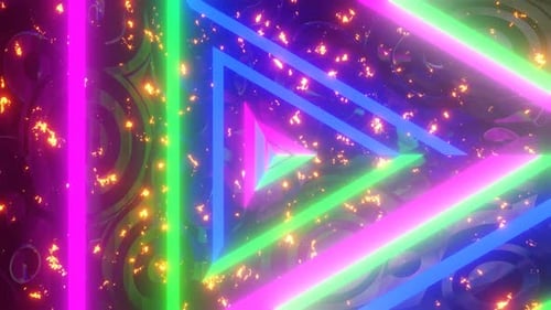 Abstrakte Loop-Bewegungsgrafiken des Fliegens in die Rotation Dreieck Neontunnel