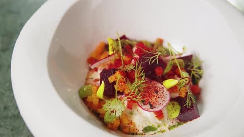 Set Table with Gourmet High Kitchen Dinner Plates and Dishes at the Restaurant