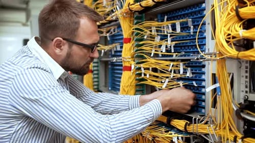 Man Works on Servers and Cables in Data Center
