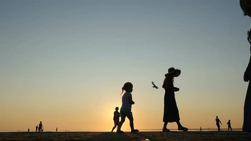 Woman and Child Feeding Birds at Sunrise on Beach