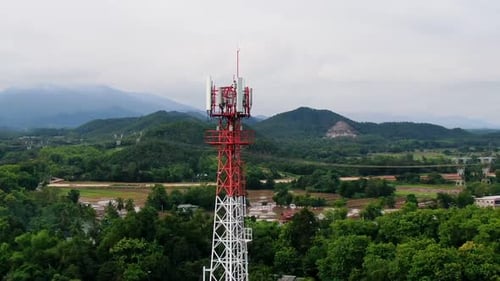 Telecommunication Antenna Tower With 5G And 4G Base Network Aerial View.