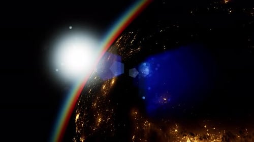 Espaço Sol e Planeta Terra à noite