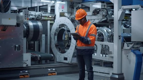 Engineer Looking Tablet Screen in Modern Factory