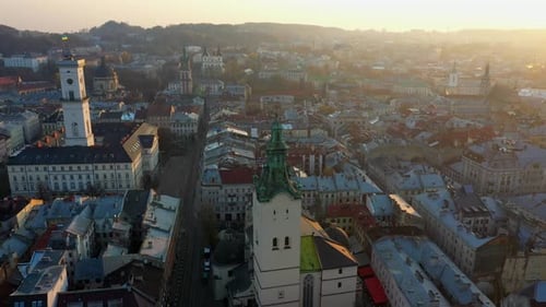 Aerial Drone Video of Lviv Old City Center - Roofs and Streets, City Hall Ratusha