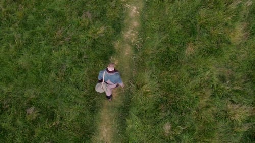 Aerial of a Man Walks Along the Pathway Through Green Meadow