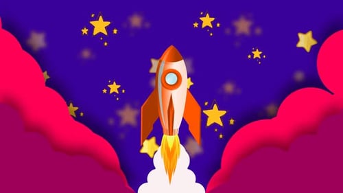 Animated Space Rocket Launching Through Clouds to Stars