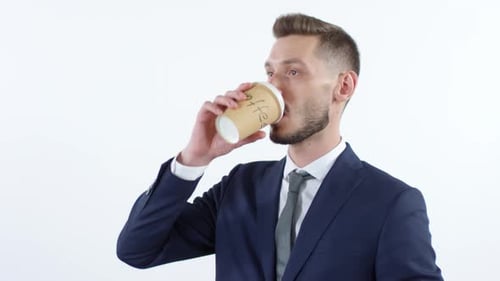 Man Drinking Coffee on White Background