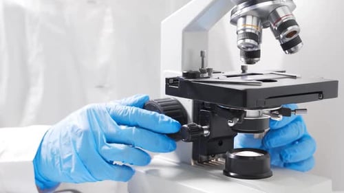 Scientist Analyzing Sample with Microscope in Laboratory