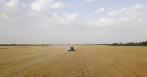 Green Combine Harvests From A Large Field