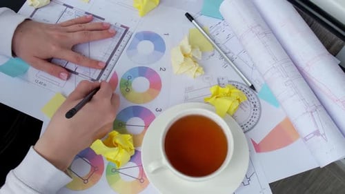 Architect Designer Interior Creative Working Hand Drawing Blueprints Protractor in Office Workplace