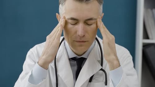 Tired depressed senior male doctor sitting alone in the office in front of a laptop