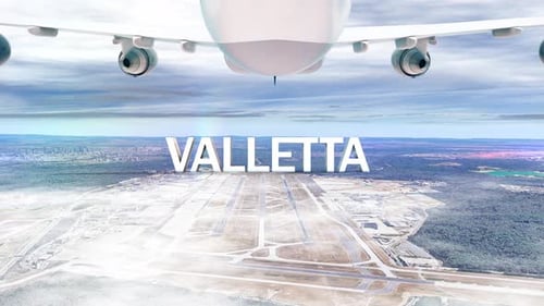 Avião comercial sobre nuvens chegando à cidade de Valletta