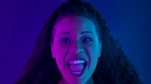 Portrait Young Lovely Female African American Looking Camera Excitement Then Celebrating Her Victory