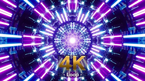 Fließender Neonstrahl im Technologietunnel 4K