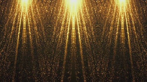 Celebratory Golden Particle Rain Background with Spotlight Beams