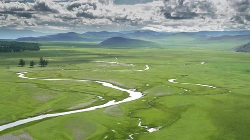 Vast Meadow and River in Central Asia Geography