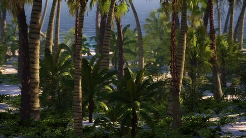 Paradise Landscape of Tropical Beach with Calm Ocean Waves and Palm Trees
