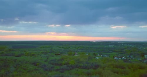 Aerial View of Amazing Sunrise Above Nature and Small Village in Summer Morning Prores