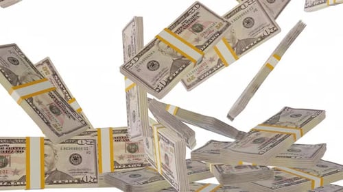 Many wads of money falling on table. 50 US dollar banknotes.