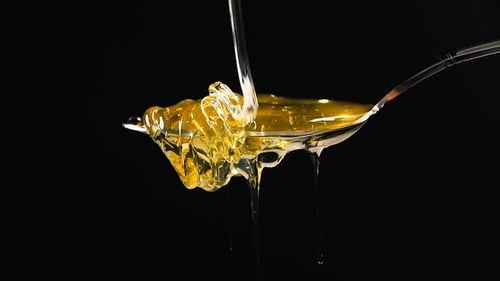 Honey Pouring and Flowing from Metal Spoon over Black Background