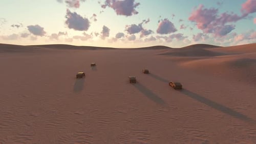 Military Humvee Convoy Driving Through Desert Landscape at Sunset