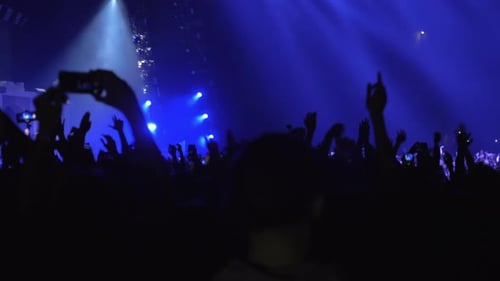 Energetic Concert Crowd with Raised Arms and Blue Lights