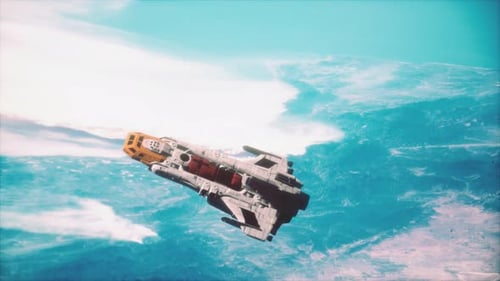 Futuristic Spaceship Soaring Above Earth Planet Atmosphere