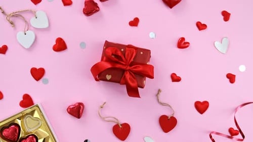 Hearts and Gift with Red Ribbon Overhead