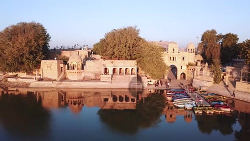 Aerial view 4k video by drone of Shrines And Temples At Gad sisar Lake