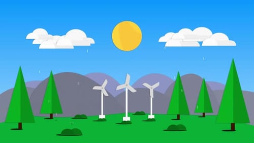 Landscape with turning wind turbines in countryside