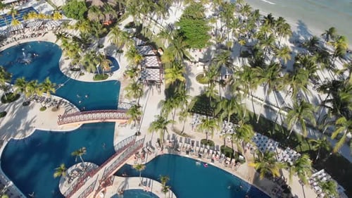 aerial of high-end Mexican resorts that dot the landscape of Riviera Maya, México. Lush landscaping