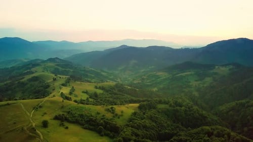 Aerial View of the Endless Lush Pastures of the Carpathian Expanses and Agricultural Land