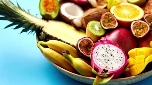 Colorful Tropical Fruit Platter, Close-Up Still Life